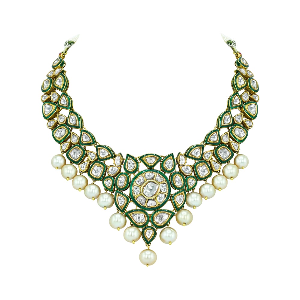 Polki Necklace with Green Enamel and Southsea Pearls